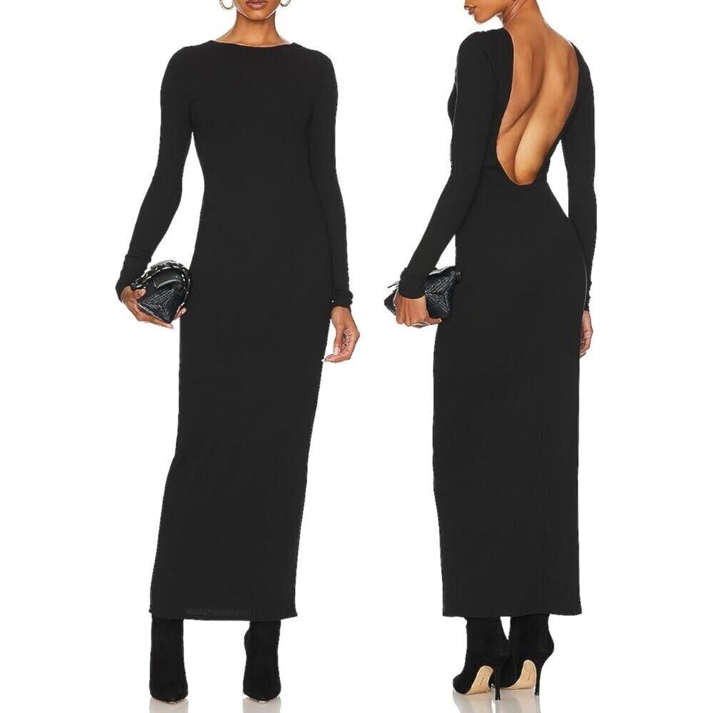 ALENDA DANMOS Bodycon Dress Long Sleeve Boat Neck Open Back